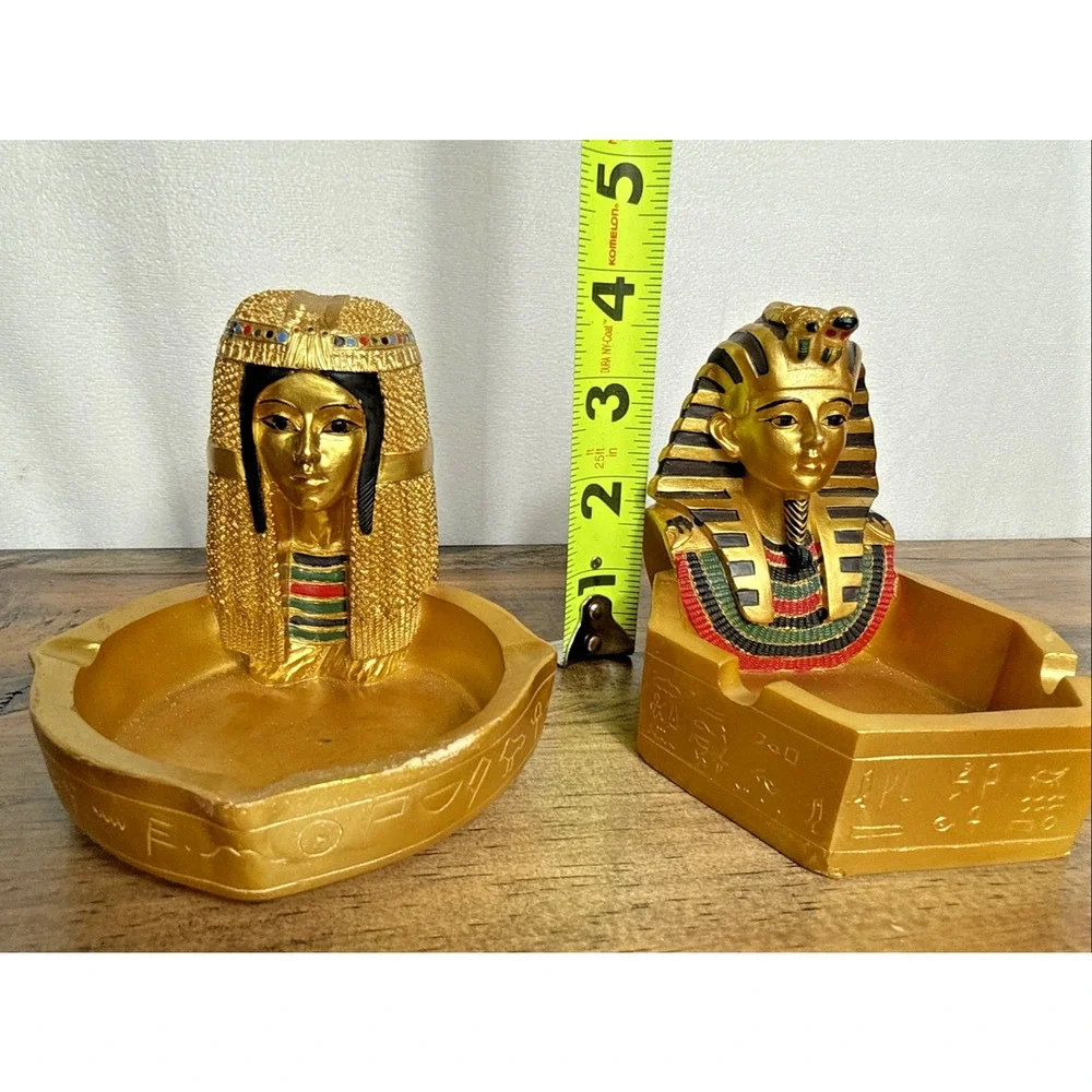 Egyptian Ashtray Set King Tut Cleopatra Gold Colored Resin Egypt Pharaoh Theme
